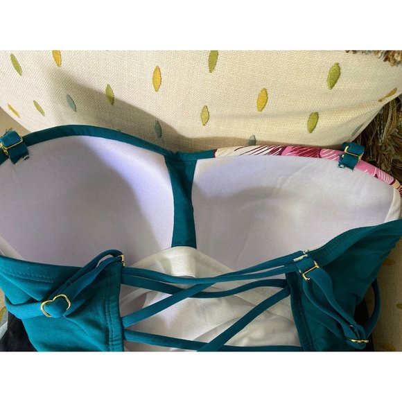 Women's 80s Retro Floral Swimsuit Strapless Convertible Straps Padded Strappy - Picture 7 of 11